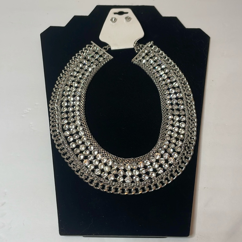 Rhinestones And Silver Tone Necklace And Earring Set
